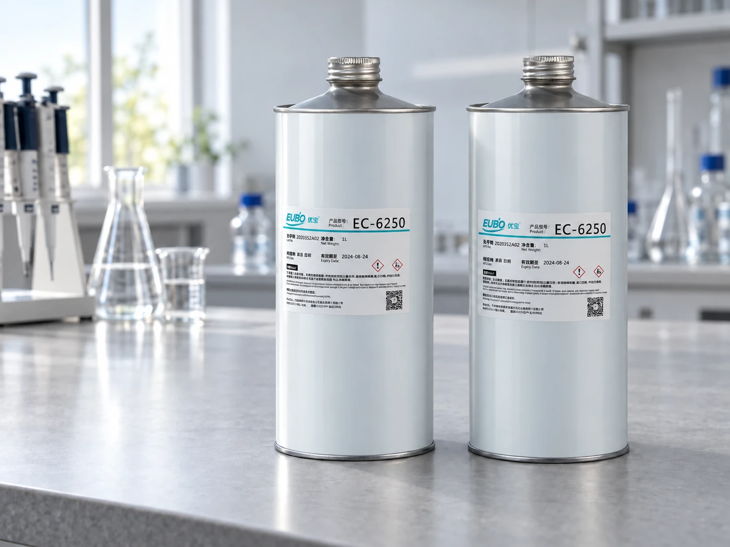 একটি ল্যাবরেটরি বেঞ্চে মসৃণ হালকা-ধূসর EUBO EC-6250 ক্যানগুলির পণ্য দৃশ্যের চিত্র